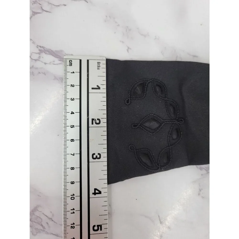 Vintage Nylon Classic Black Dress Driving Formal Gloves Satin Inset & Embroidery